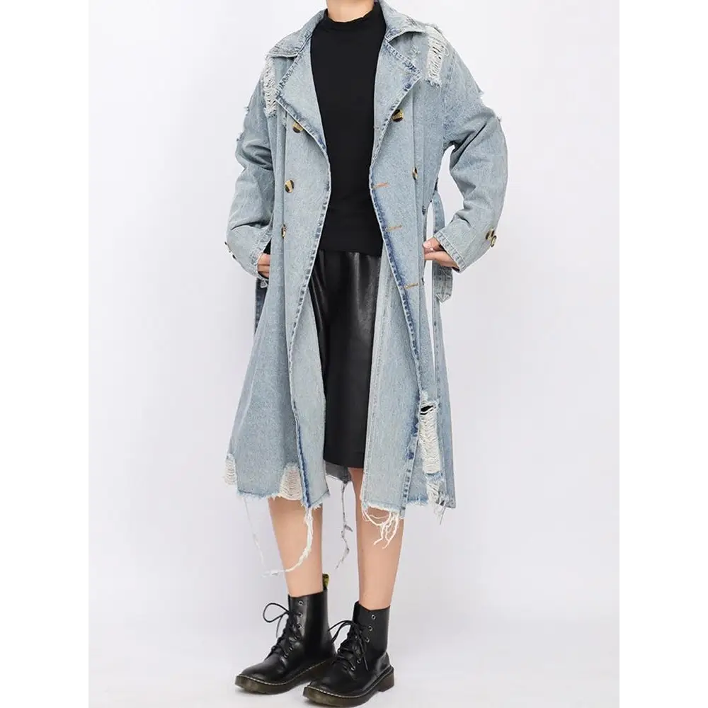 Distressed denim trench coat - blue / s