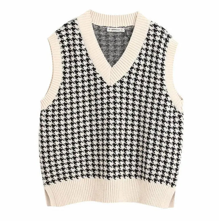 Dogtooth check vest - s / black/cream - sweaters