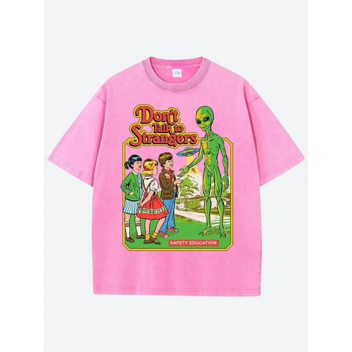 Vibrant pink y2k tee with retro graphic warning against strangers - s