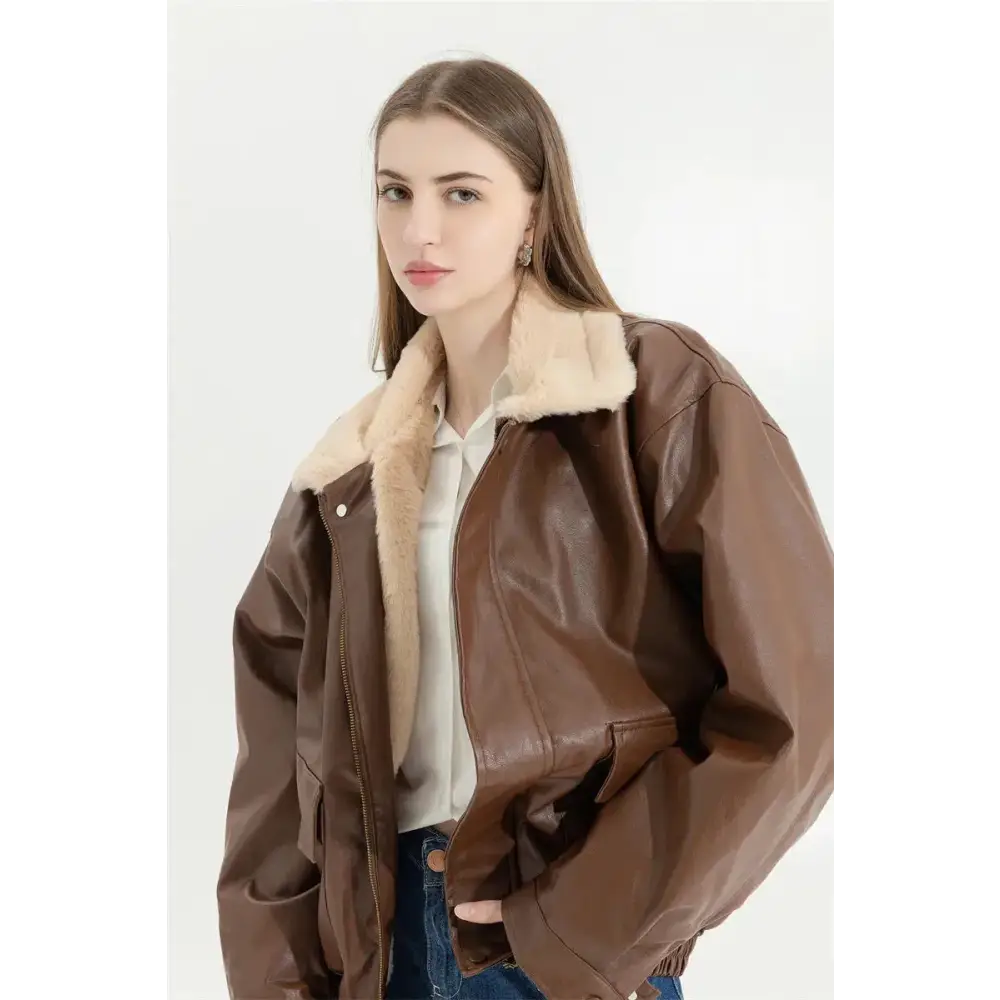 Faux leather jacket with fur and button fastening - brown / one size