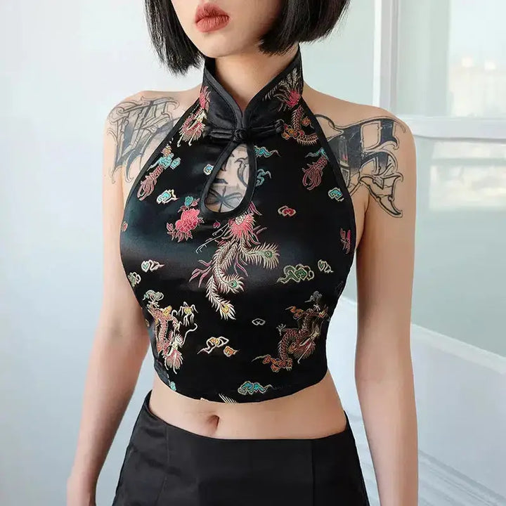 Exquisite backless crop top with dragon embroidery for y2k style - black / s