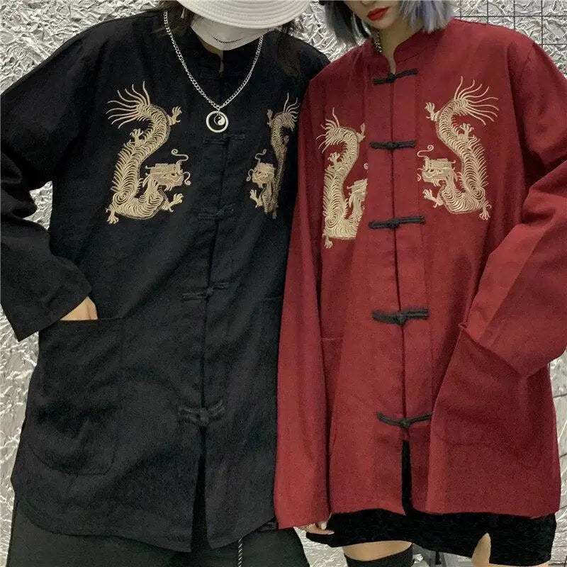 Mandarin collar shirt with dragon embroidery in y2k style