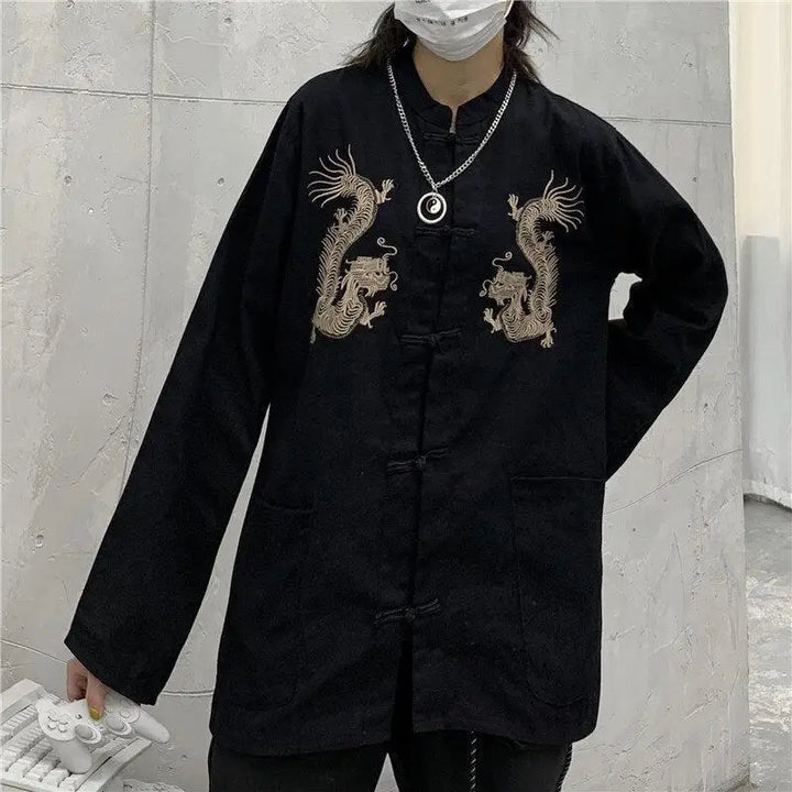 Mandarin collar shirt with dragon embroidery in y2k style