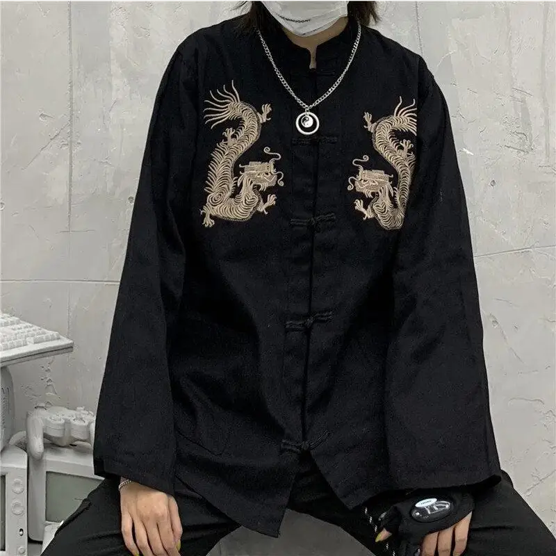 Mandarin collar shirt with dragon embroidery in y2k style - black / m