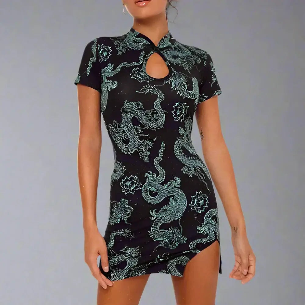 Dragon print cheongsam dress - black / s