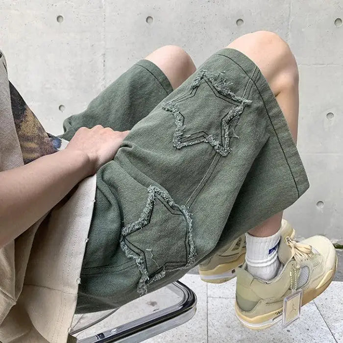 Unisex denim drawstring shorts with star patchwork for y2k style - army green / s