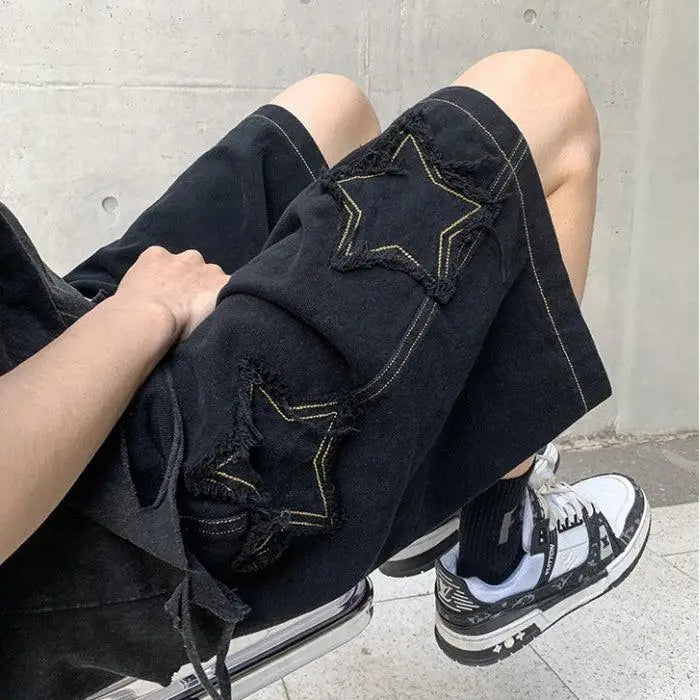 Unisex denim drawstring shorts with star patchwork for y2k style - black / s