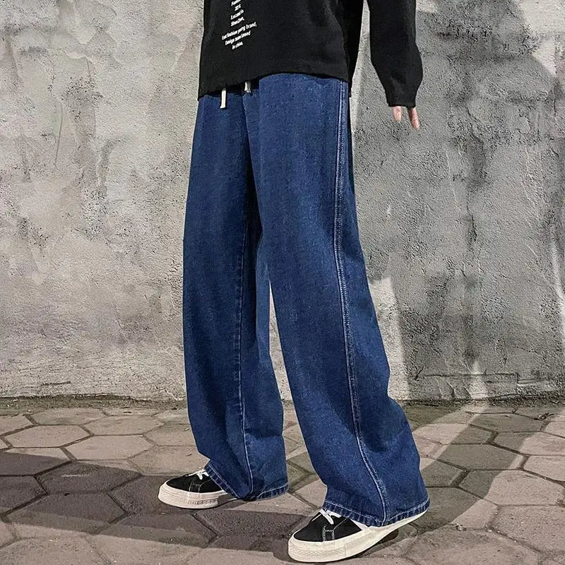 Drawstring straight leg baggy jeans - dark blue / s