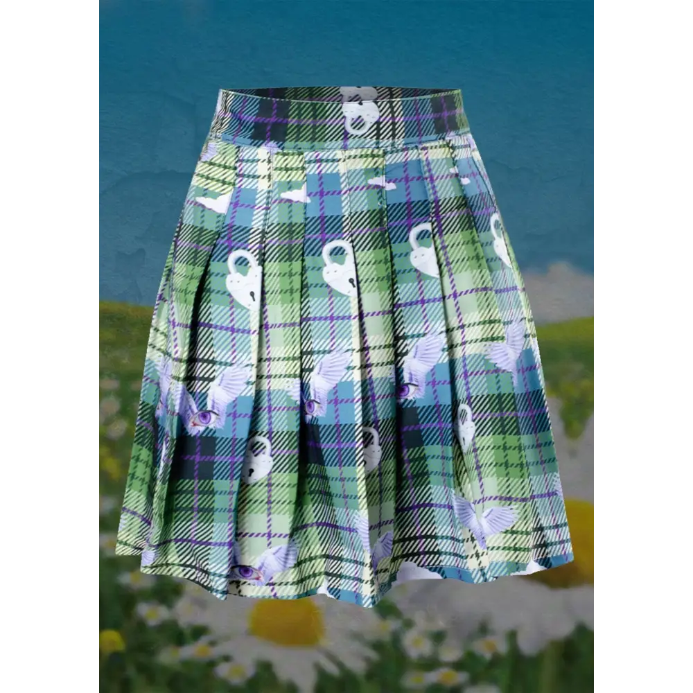 Dreamcore eye angel green plaid pleated skirt - skirts