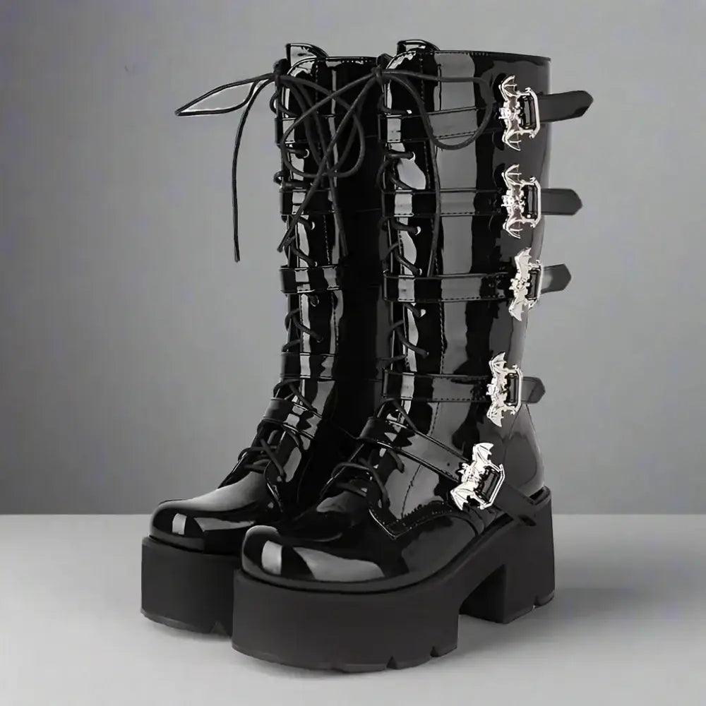 Edgy black patent leather gothic boots with lace-up and buckles