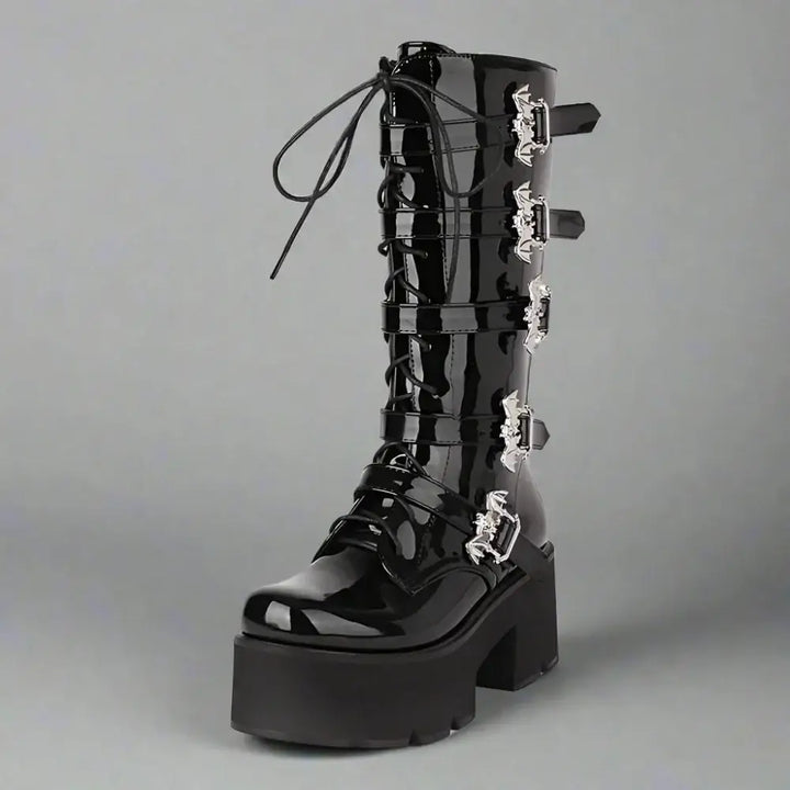 Y2k mid-calf motorcycle boots for spring autumn fashion - patent leather / us4.5