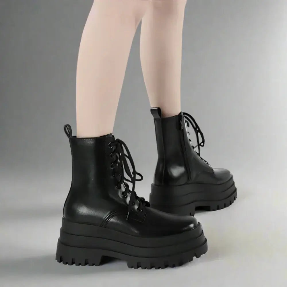 Y2k mid-calf martin boots with rubber outsole and low heel