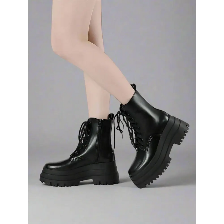 Y2k mid-calf martin boots with rubber outsole and low heel