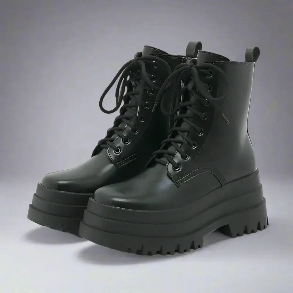 Y2k mid-calf martin boots with rubber outsole and low heel