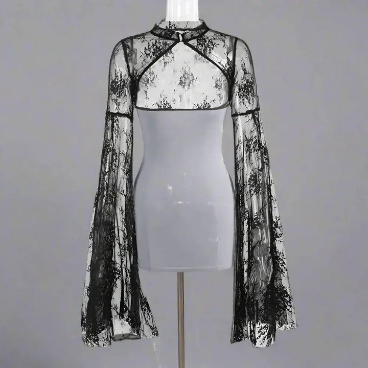 Y2k sheer lace o-neck blouse for women with slim fit - black / s