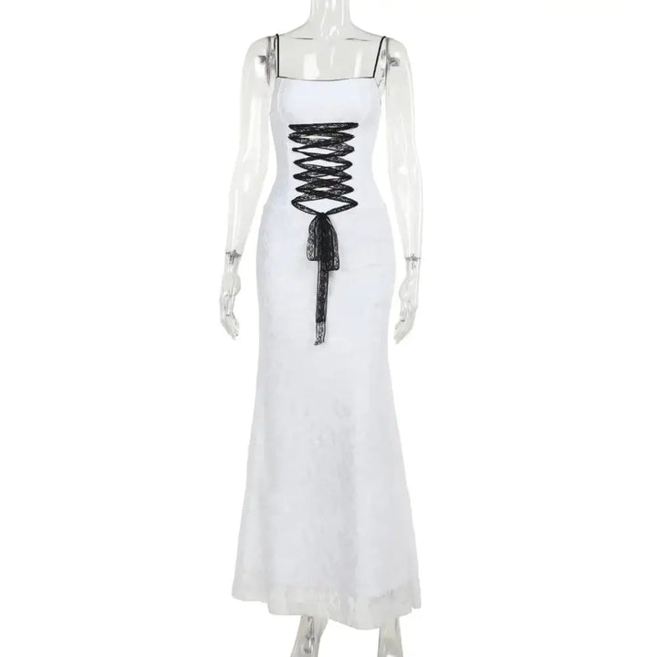 Y2k gothic ankle-length dress with lace and elastic fabric