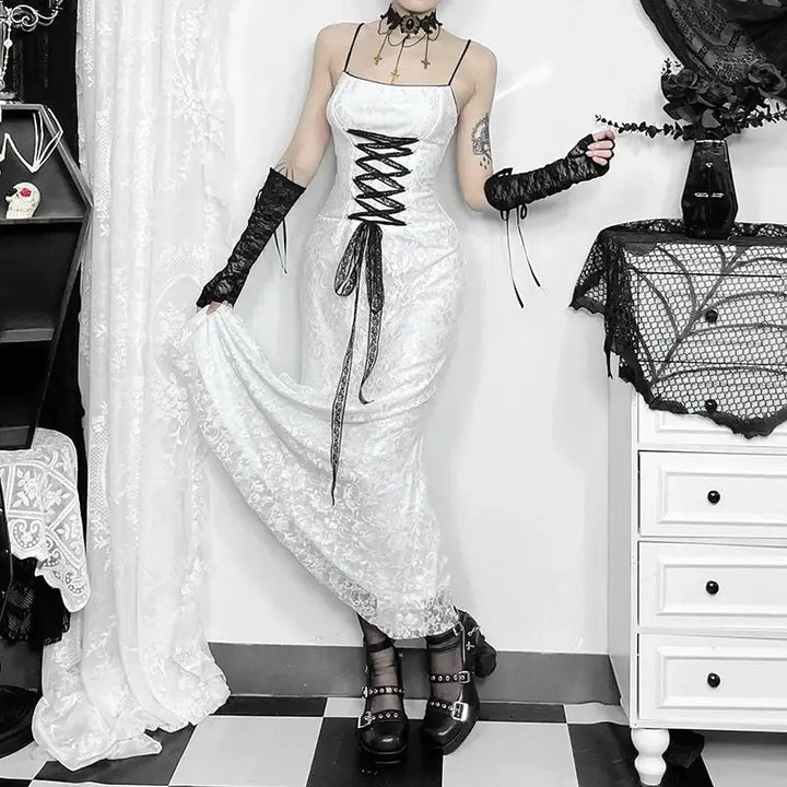 Y2k gothic ankle-length dress with lace and elastic fabric