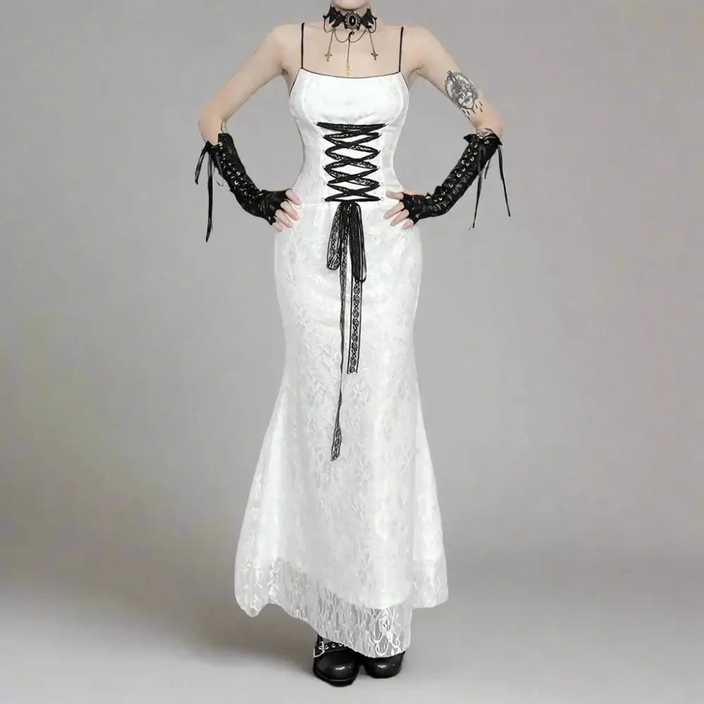 Y2k gothic ankle-length dress with lace and elastic fabric