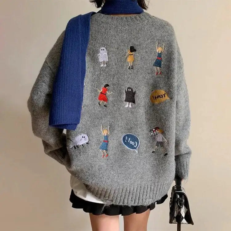 Embroidered back oversized sweater for a y2k aesthetic - free size / grey - sweaters