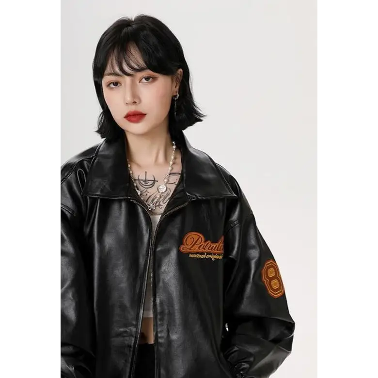 Embroidery leather jacket y2k - jackets