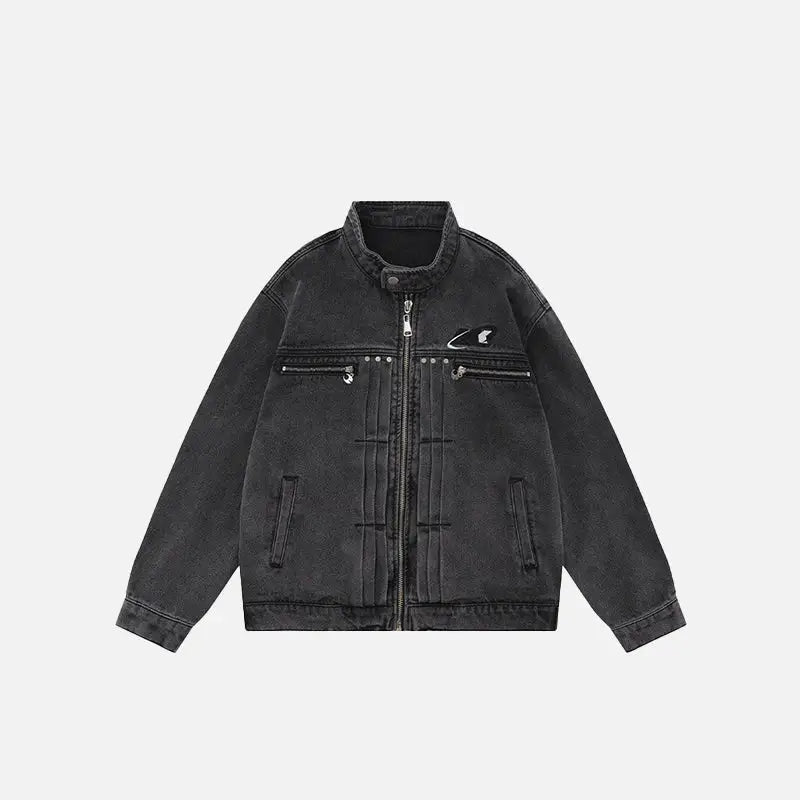 Embroidery letter pleated denim jacket y2k - black / s