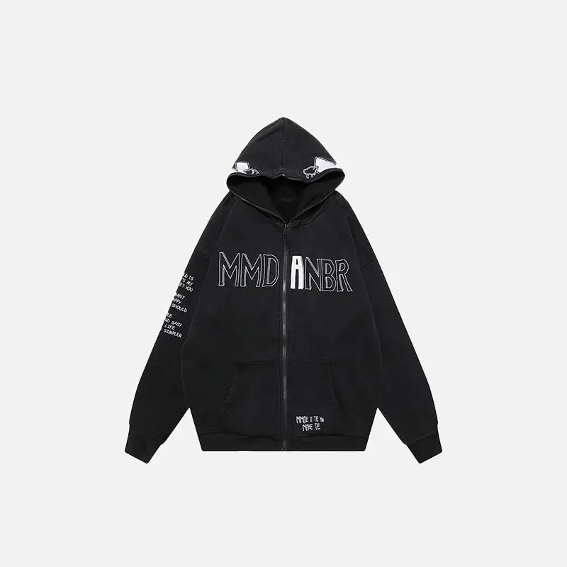 Embroidery letter print zip-up hoodie y2k - black / m - hoodies