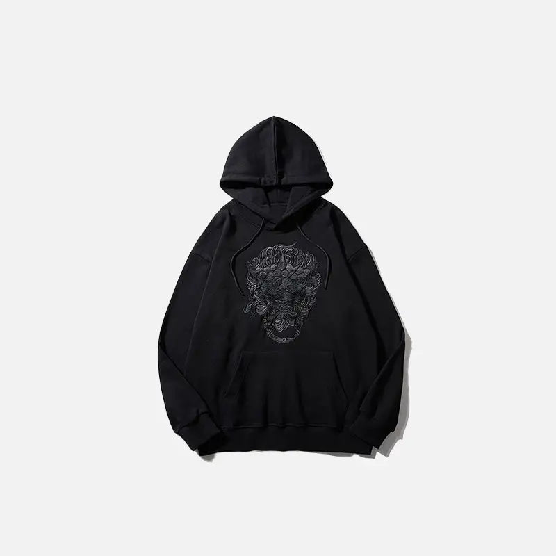 Embroidery lion head graphic print hoodie y2k - black / m - hoodies