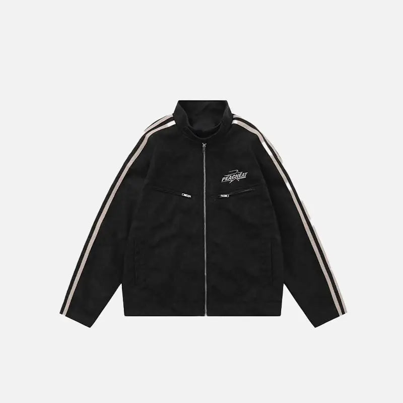 Embroidery striped sleeve leather jacket y2k - black / s - jackets