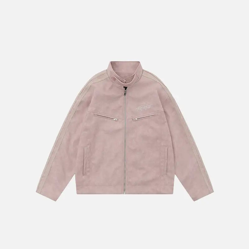 Embroidery striped sleeve leather jacket y2k - pink / s - jackets