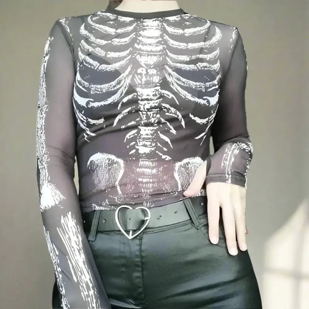 Emo skeleton print mesh women t-shirt