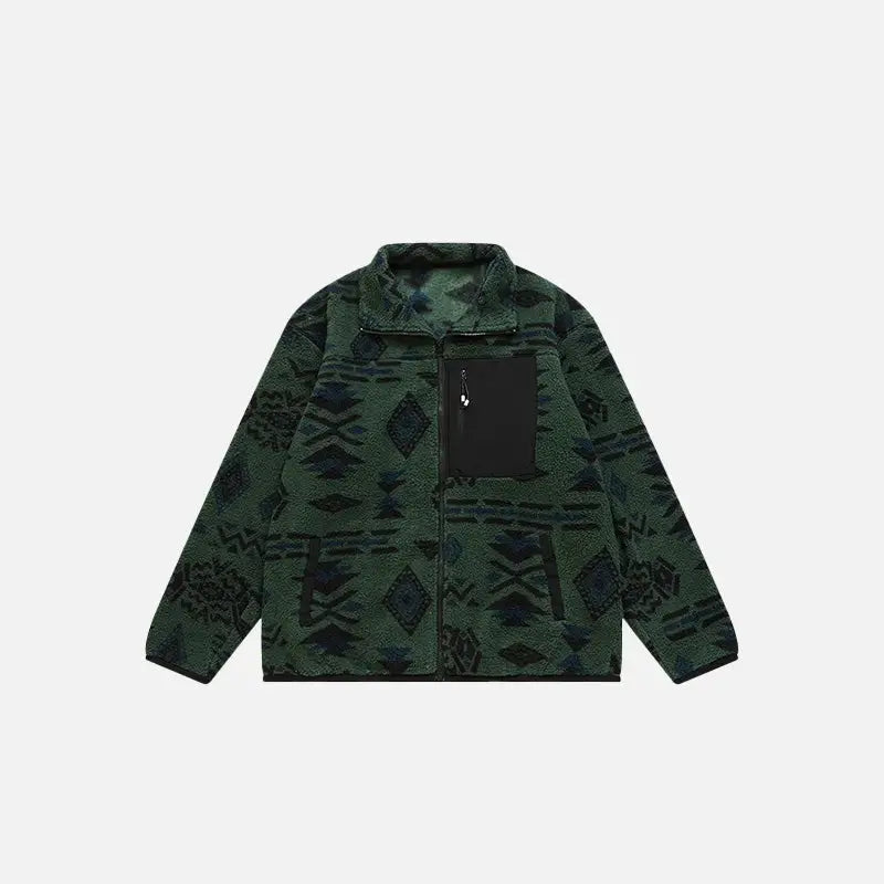 Ethnic printing sherpa jacket y2k - dark green / m - jackets