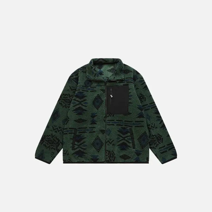 Ethnic printing sherpa jacket y2k - dark green / m - jackets