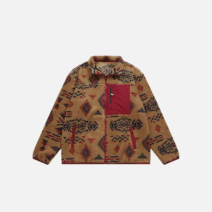 Ethnic printing sherpa jacket y2k - khaki / l - jackets