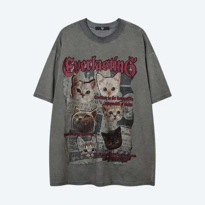 Y2k cat print tee for summer streetwear enthusiasts