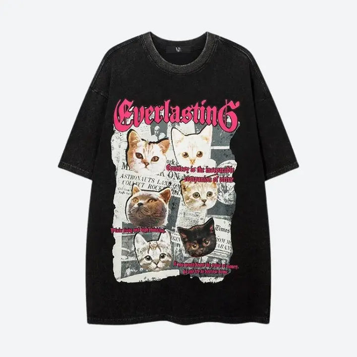 Y2k cat print tee for summer streetwear enthusiasts - black / xs