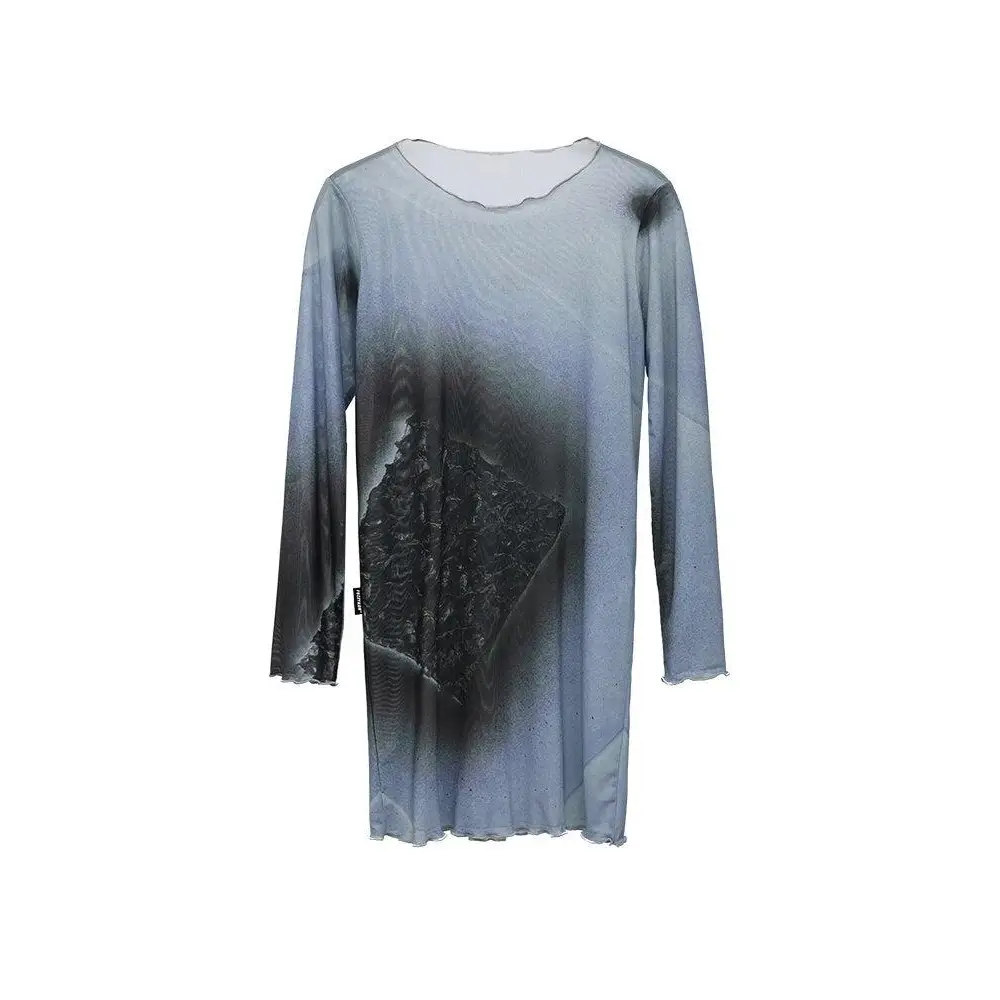 Sheer mesh top with black tie-dye print for bold style