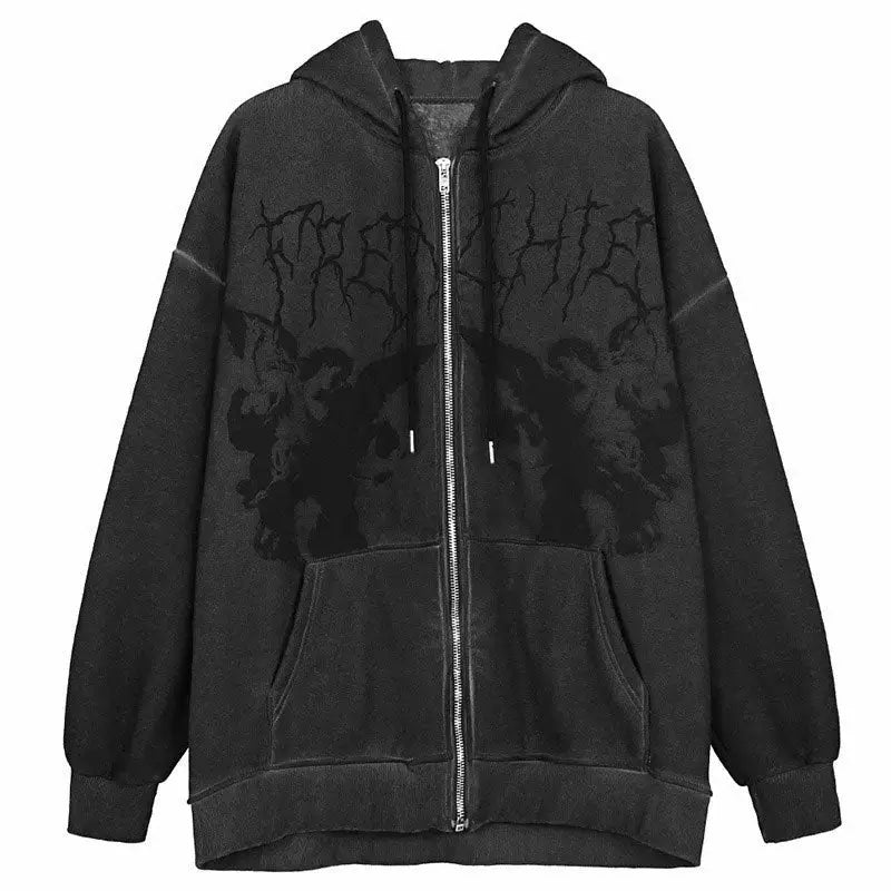 Fairy grunge aesthetic zip-up hoodie with dual front pockets - m / ash grey