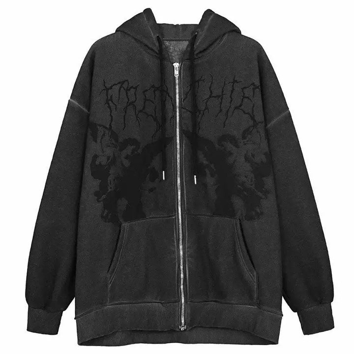 Fairy grunge aesthetic zip-up hoodie with dual front pockets - m / ash grey