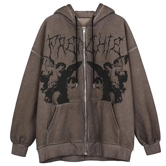 Fairy grunge aesthetic zip-up hoodie with dual front pockets - m / brown