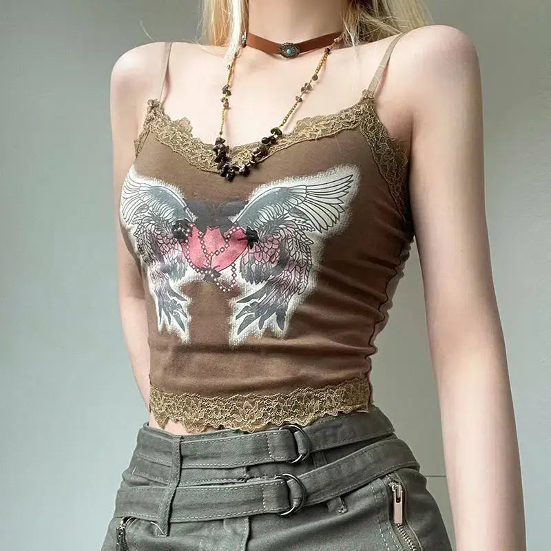 Fairy grunge top with lace details and angel wings print