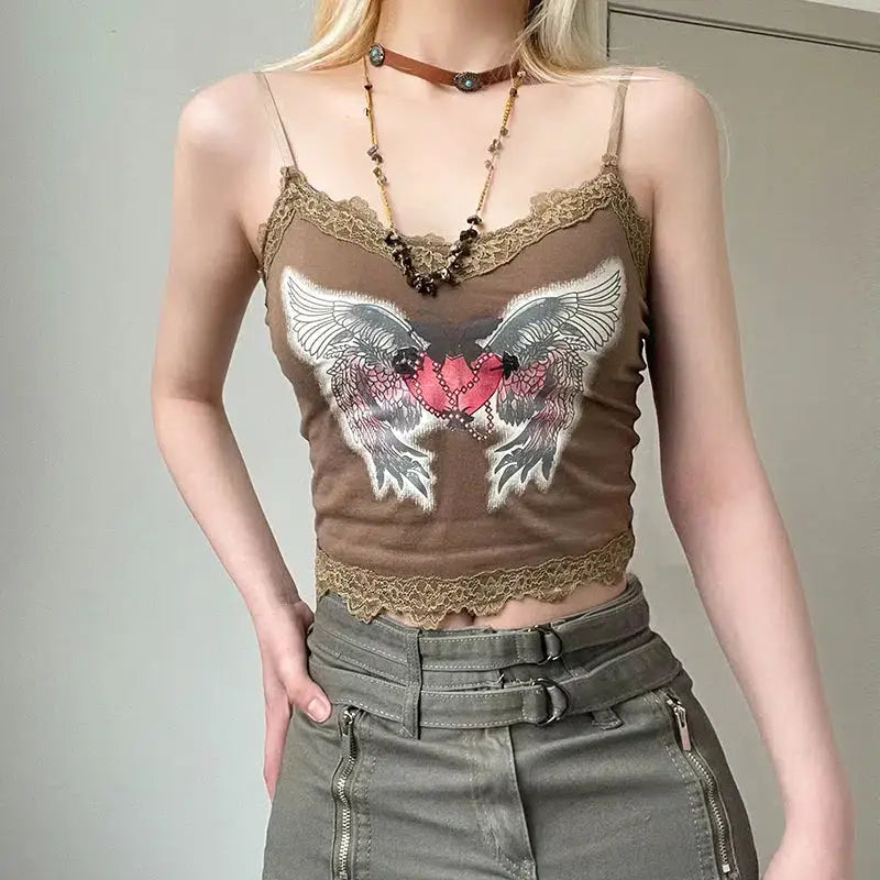 Fairy grunge angel wings top - brown / s