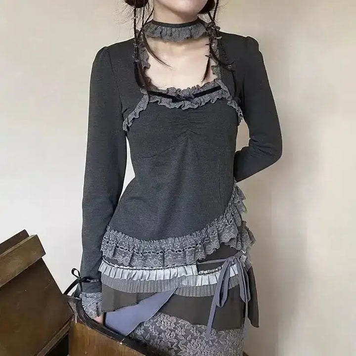 Whimsical lace top with asymmetric design for fairy grunge style - gray / xs