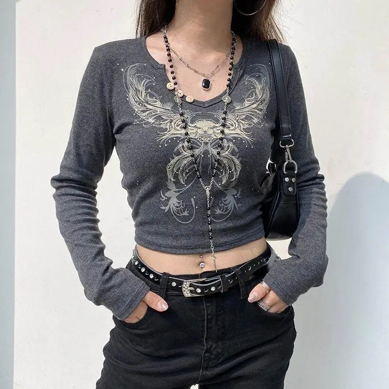 Fairy grunge butterfly crop top for unique style - dark gray / s