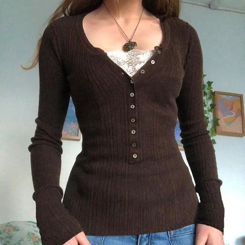 Fairy grunge button front top for unique style enthusiasts - brown / s