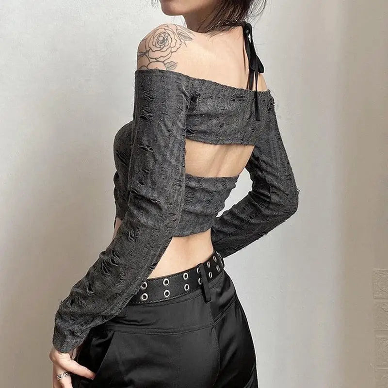 Gray distressed halter neck tie crop top for edgy fairy aesthetic