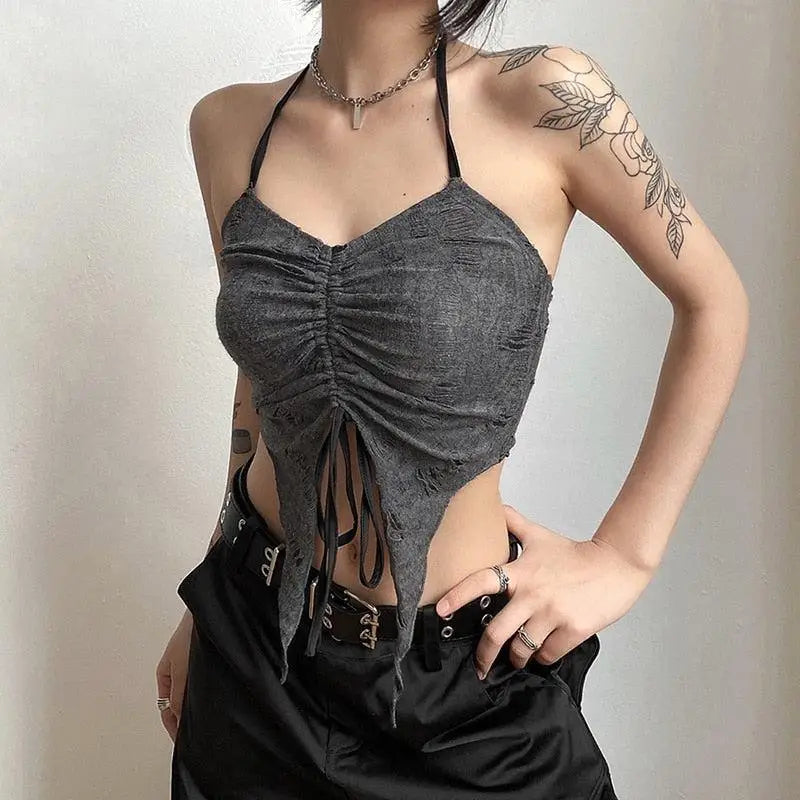 Gray distressed halter neck tie crop top for edgy fairy aesthetic