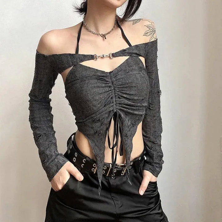 Gray distressed halter neck tie crop top for edgy fairy aesthetic - s