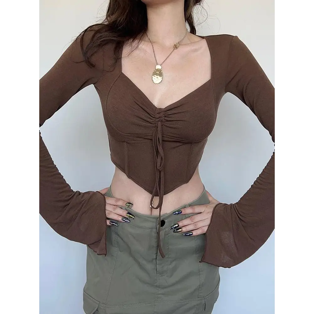 Brown fairy grunge crop top with flared sleeves for y2k style