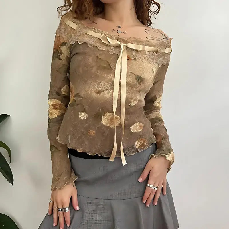 Fairy grunge off-shoulder lace top with floral print details - light brown / s