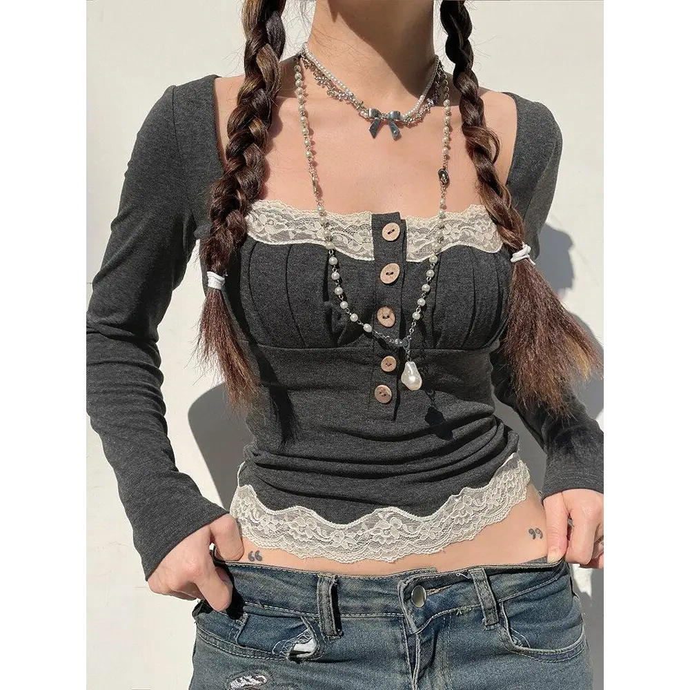 Fairy grunge gray lace crop top with square neckline